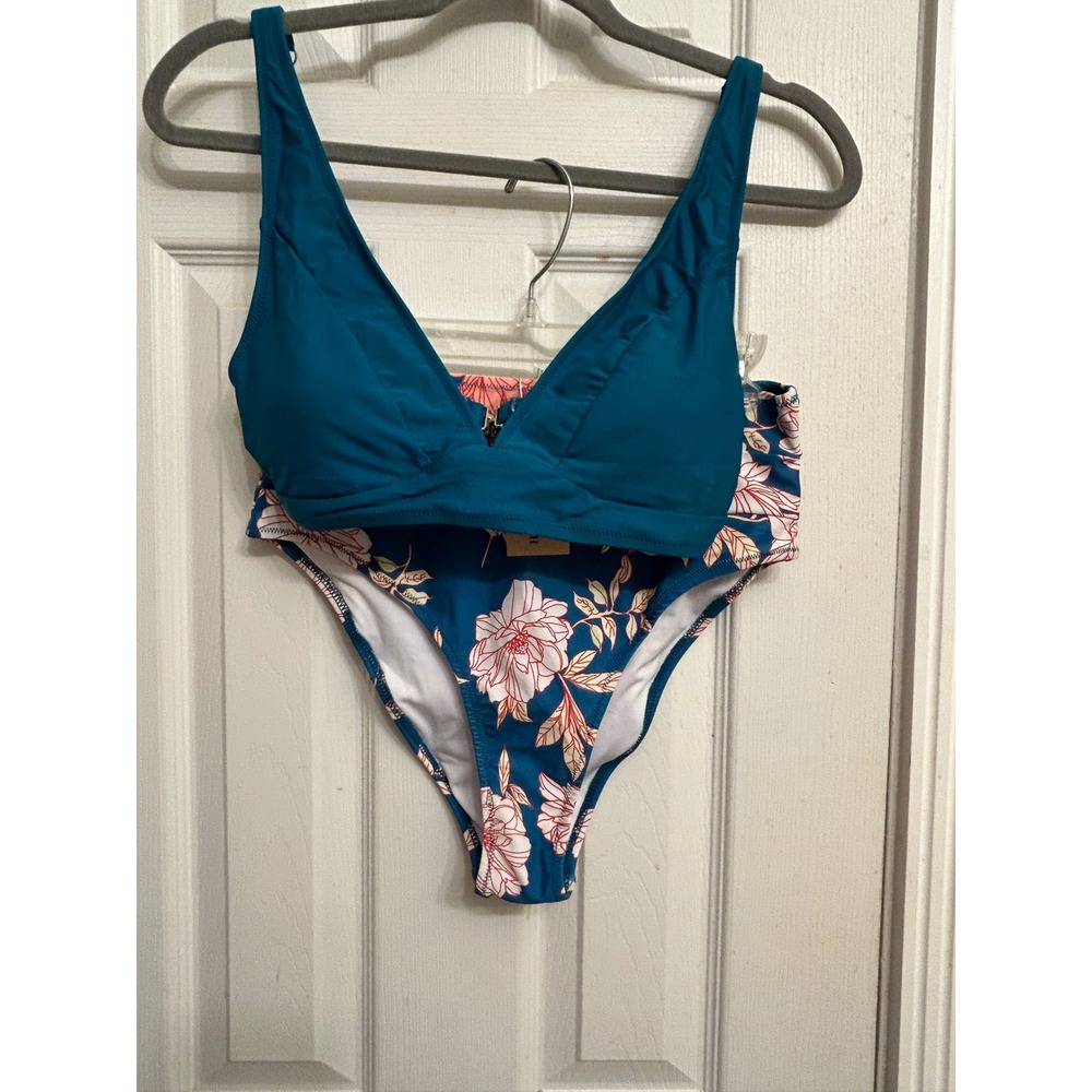 Hilinker Womens Teal Floral High Waisted Bikini Set V-Neck Two Piece Swimsuit M